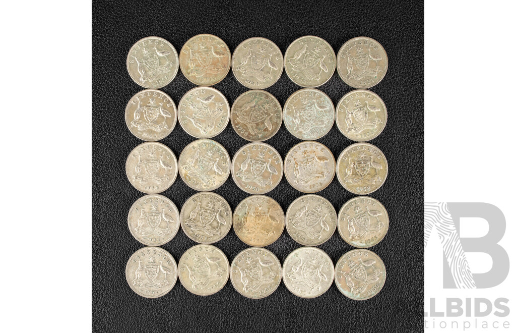 Twenty Five Australian Silver Sixpence, Examples Spanning 1950 to 1962 .500