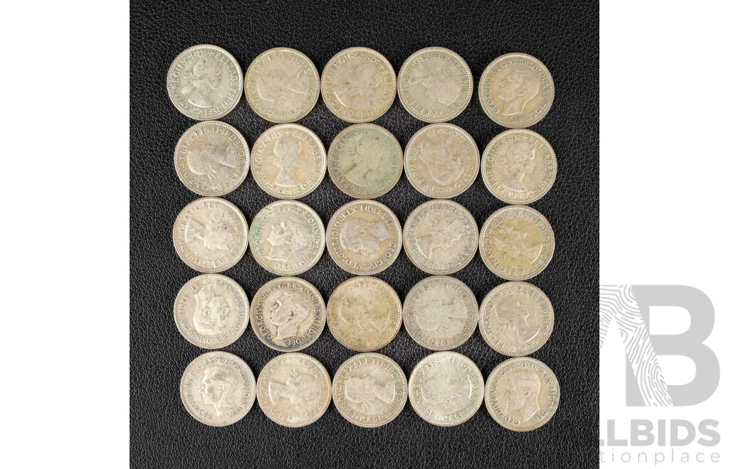 Twenty Five Australian Silver Sixpence, Examples Spanning 1950 to 1962 .500