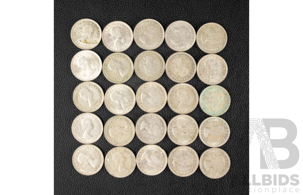 Twenty Five Australian Silver QE2 Sixpence, Examples Spanning 1954 to 1963 .500