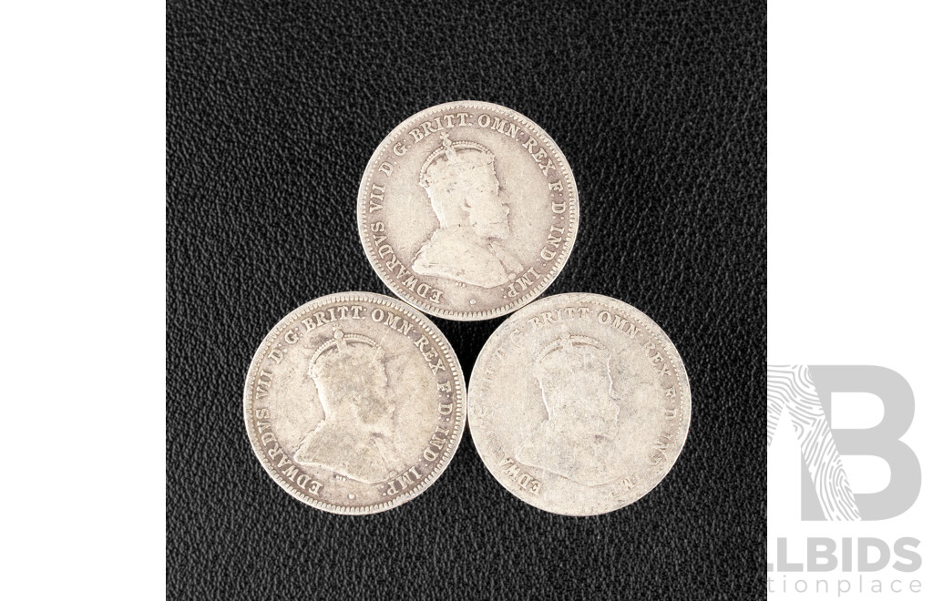 Three Australian 1910 KEVII Silver Shillings .925