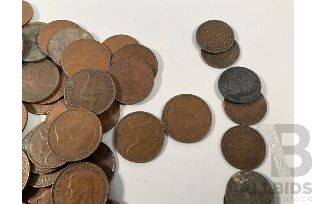 Collection of Australian Pennies and Half Pennies, Examples Spanning 1916 to 1961