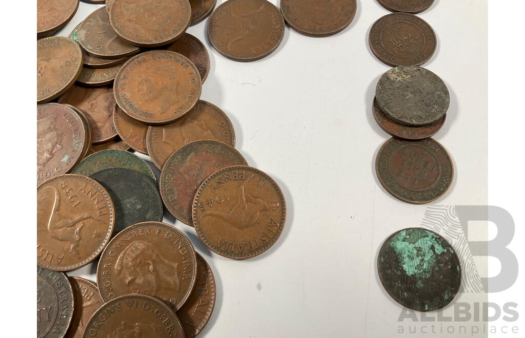 Collection of Australian Pennies and Half Pennies, Examples Spanning 1916 to 1961