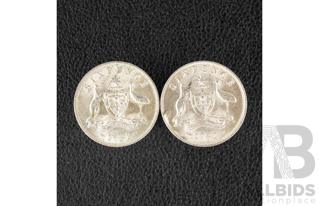 Australian 1961 and 1962 Silver Sixpence with Die Crack/Planchet Flaw