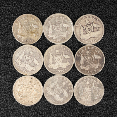 Nine Australian KGV Silver Sixpence Including 1911, 1916, 1917, 1920(2) 1924, 1926(2) 1927  .925