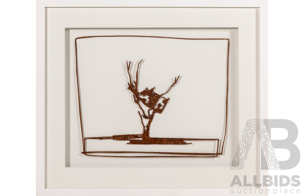 John Kelly (20th Century, British Born Australian, 1965-) Cow Up a Tree, Metal Drawing, Mild Steel Rusted, Open Edition, 42 x 52 cm (frame)