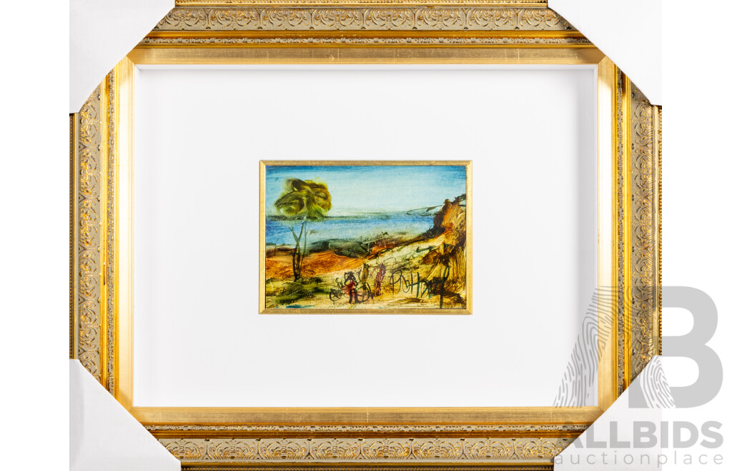 Pro Hart, (20th Century, Australian, 1928-2006), Bikers on a Hill, Original Oil on Hardboard, 43 x 33 cm (frame)