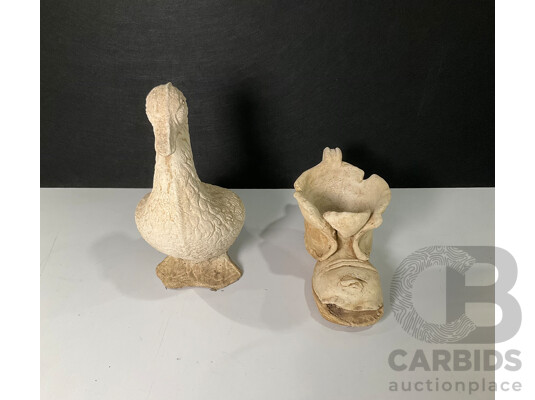 Vintage Concrete Duck Sculpture, Shoe Shaped Planter and Large Blue Tub