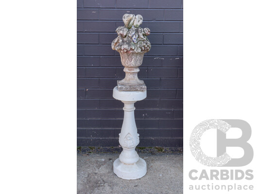 Concrete Garden Statue of Fruit in a Vase on a Concrete Pedestal