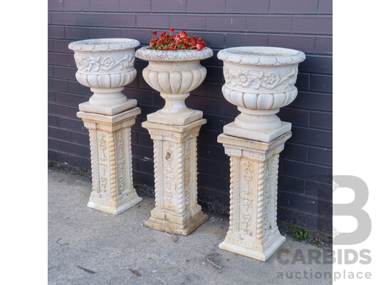 Set of Three Painted Concrete Pedestals and Pots