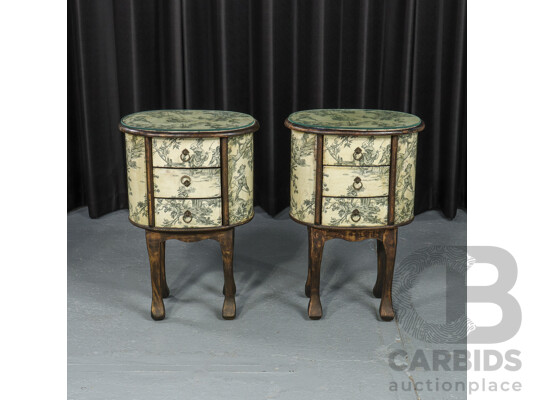 Pair of Barrel Form Elevated Three Drawer Bedside Chests