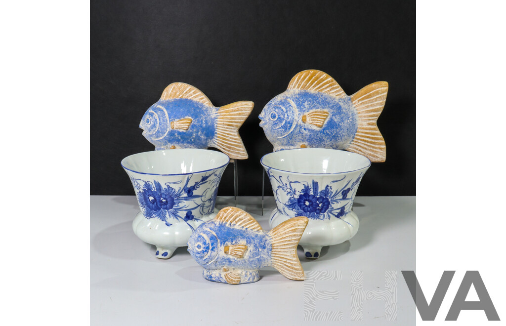 Three Ceramic Sculptures of Fish and Two Vases