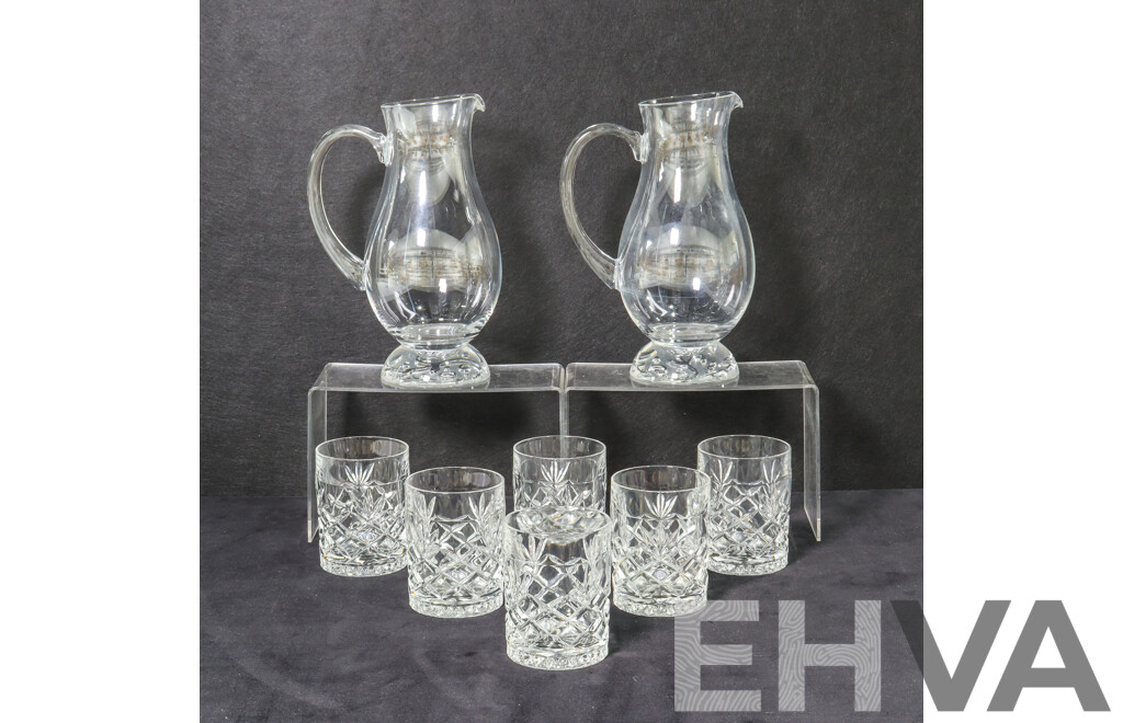 Collection Two Glass Jugs with Vines Imprinted on Bottom and Six Crystal Whisky Glasses