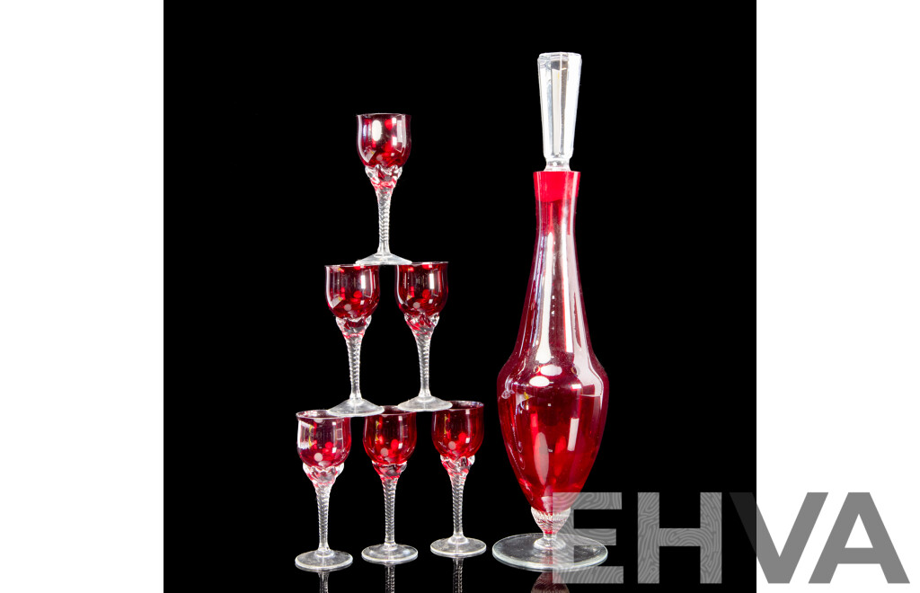 Vintage Bohemia Ruby Red Glass Decanter with Six Matching Crystal Port Glasses
