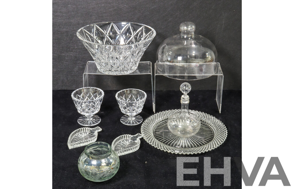 Collection of Glass and Crystal Wear Including Glass Dome, Bowls, Decanter, Plates and More