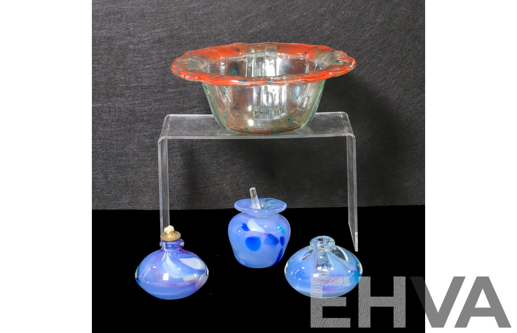 Signed Decorative Peter Crisp Fused Slump Glass Bowl, Small Vase and Glass Oil Lamps