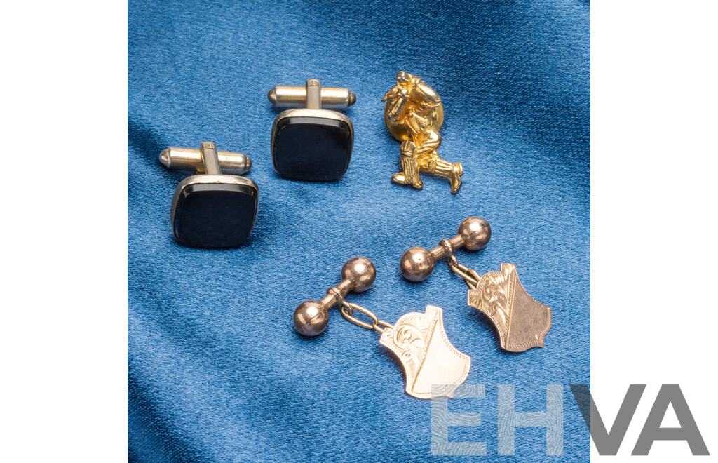 Collection of 9ct Gold & Gold Tone Cufflinks/Tie Pin & Dutch Metal Leaf - Lot of 4