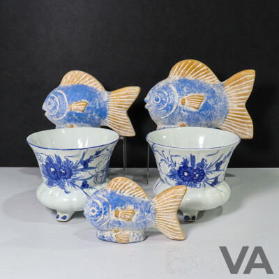 Three Ceramic Sculptures of Fish and Two Vases