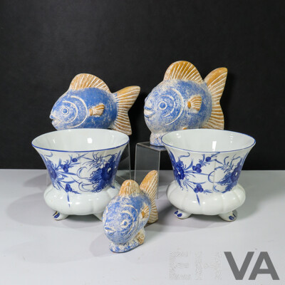 Three Ceramic Sculptures of Fish and Two Vases