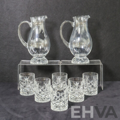 Collection Two Glass Jugs with Vines Imprinted on Bottom and Six Crystal Whisky Glasses