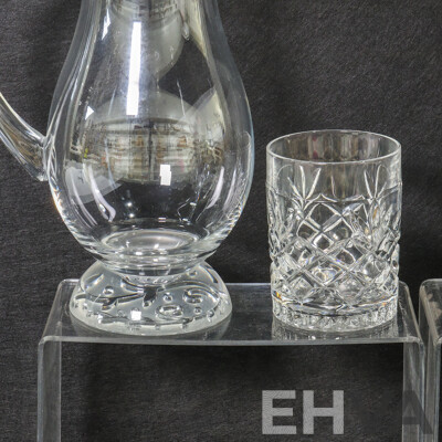 Collection Two Glass Jugs with Vines Imprinted on Bottom and Six Crystal Whisky Glasses