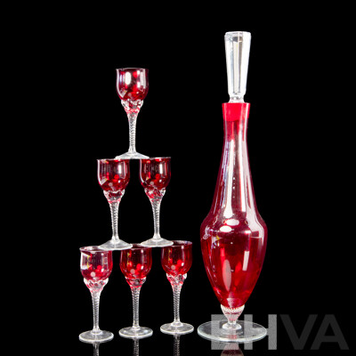 Vintage Bohemia Ruby Red Glass Decanter with Six Matching Crystal Port Glasses