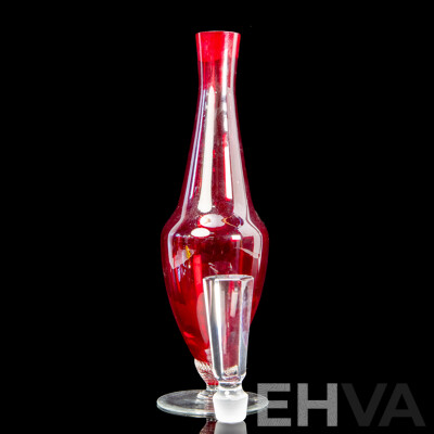 Vintage Bohemia Ruby Red Glass Decanter with Six Matching Crystal Port Glasses
