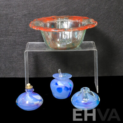 Signed Decorative Peter Crisp Fused Slump Glass Bowl, Small Vase and Glass Oil Lamps