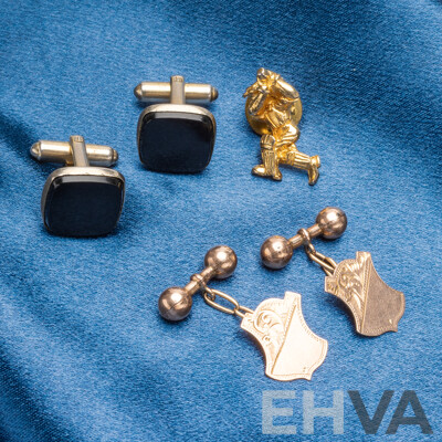 Collection of 9ct Gold & Gold Tone Cufflinks/Tie Pin & Dutch Metal Leaf - Lot of 4