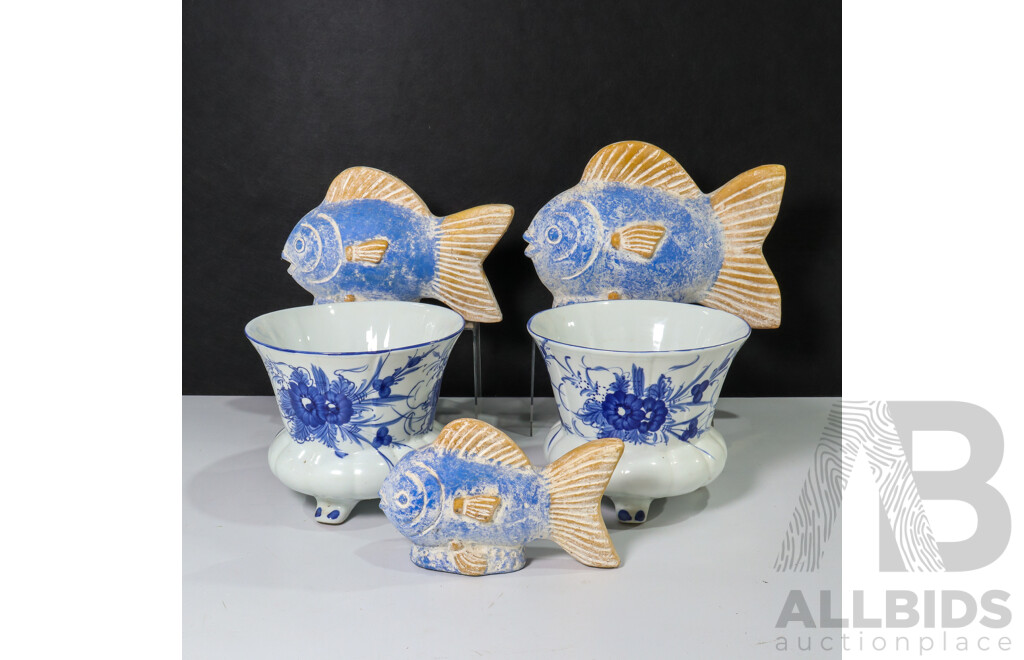 Three Ceramic Sculptures of Fish and Two Vases