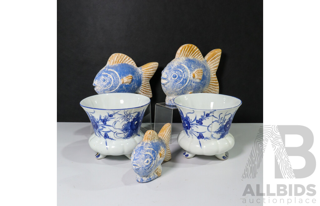 Three Ceramic Sculptures of Fish and Two Vases