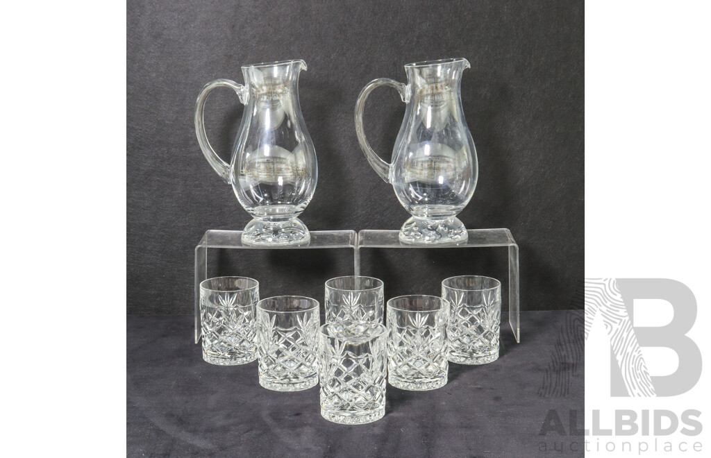 Collection Two Glass Jugs with Vines Imprinted on Bottom and Six Crystal Whisky Glasses