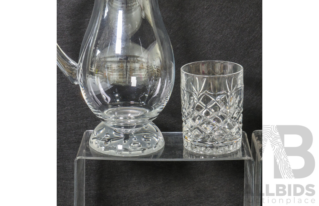 Collection Two Glass Jugs with Vines Imprinted on Bottom and Six Crystal Whisky Glasses