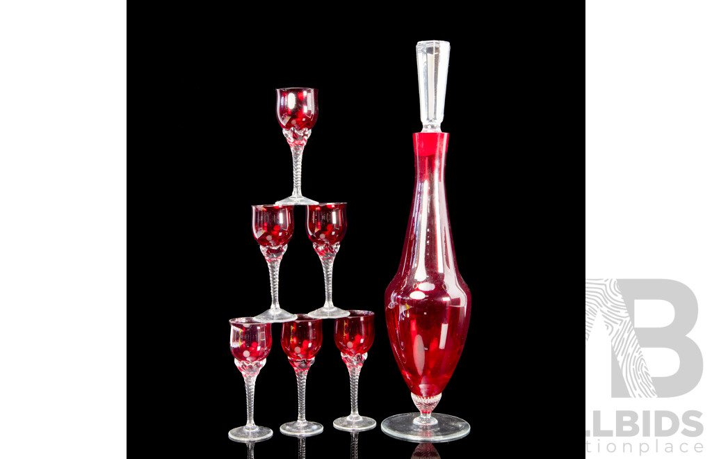 Vintage Bohemia Ruby Red Glass Decanter with Six Matching Crystal Port Glasses