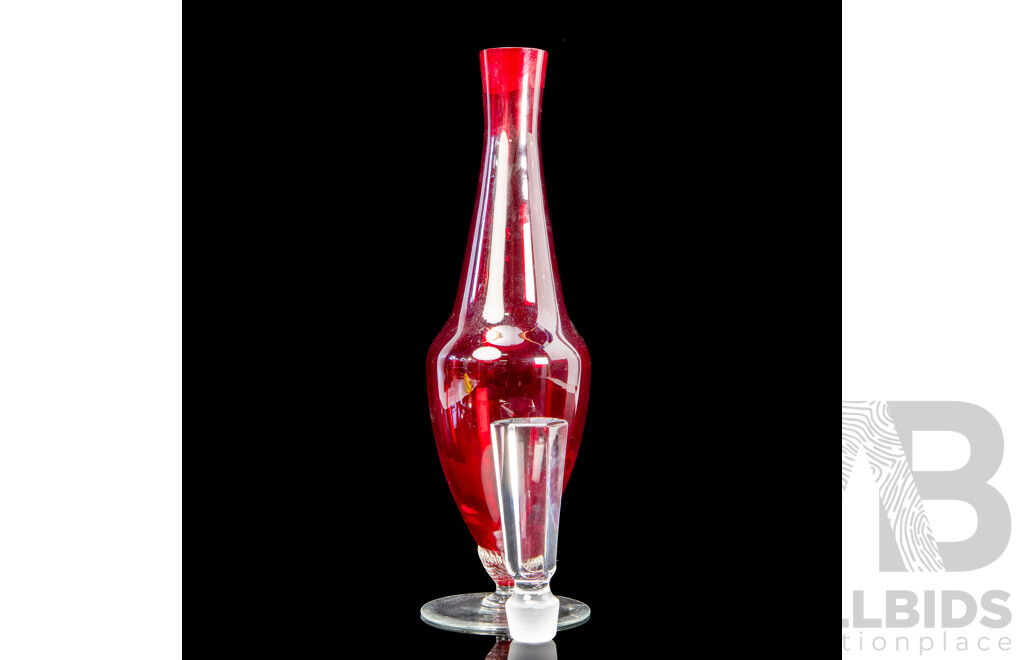 Vintage Bohemia Ruby Red Glass Decanter with Six Matching Crystal Port Glasses