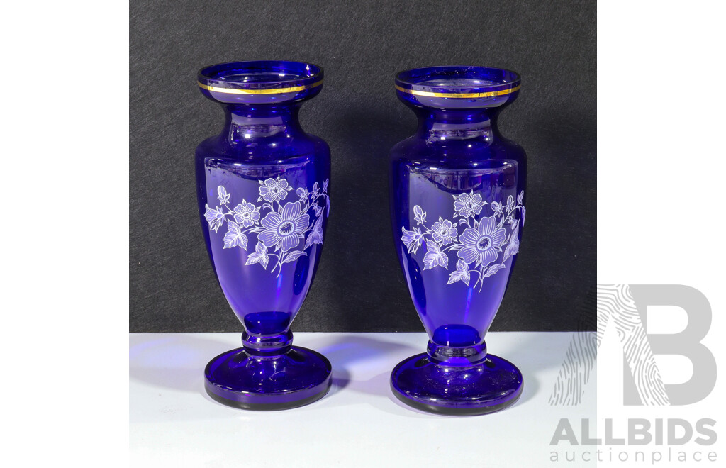 Pair of Vintage Bohemia Blue Vase with White Floral Patten and Gold Band Around Rim