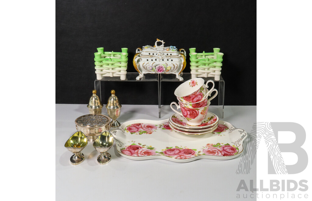 15 Piece Collection of Tableware Including Rose Tray and Matching Cups, Hand Painted Pot Pourri Dish, Egg Cups, Salt Dishes and More