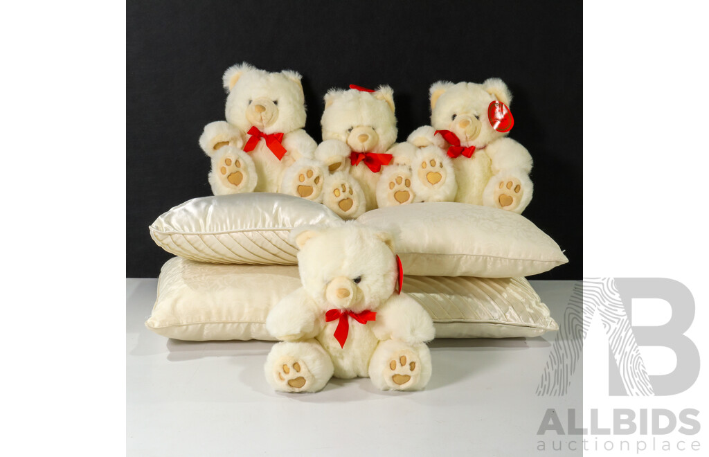 Four Mixed Pillows and Four Soft Vintage Teddy Bears From the Mac Bear Collection