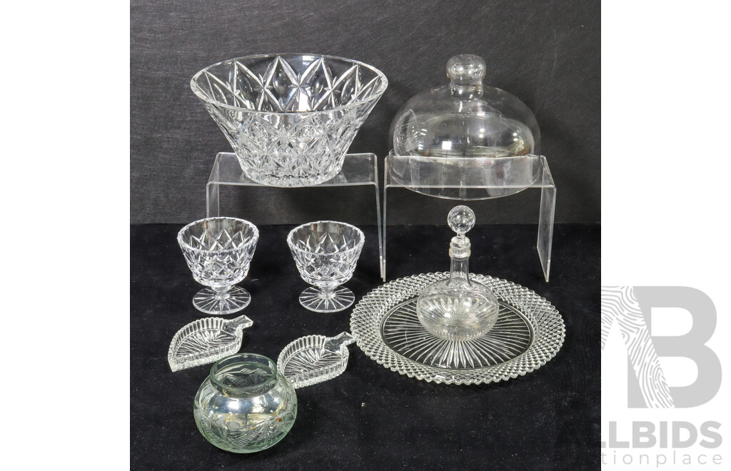 Collection of Glass and Crystal Wear Including Glass Dome, Bowls, Decanter, Plates and More
