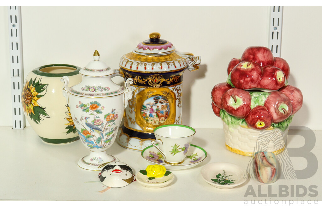 Collection of Tableware Including Wedgewood Urn, Apple Canister, Tea Pot, Royal Doulton Tea Cup and Saucer and More