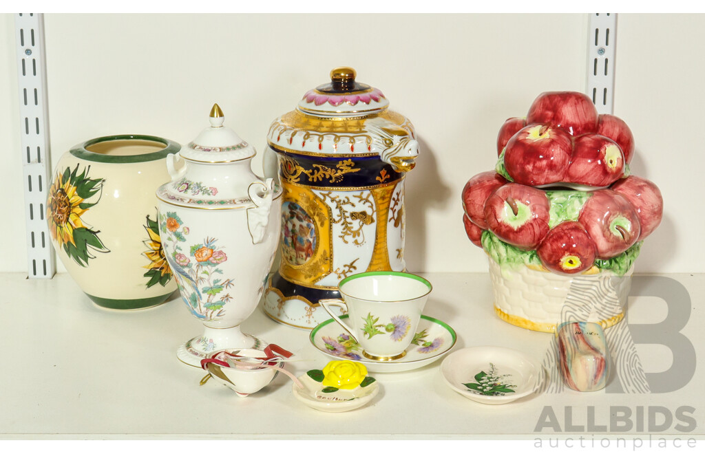 Collection of Tableware Including Wedgewood Urn, Apple Canister, Tea Pot, Royal Doulton Tea Cup and Saucer and More