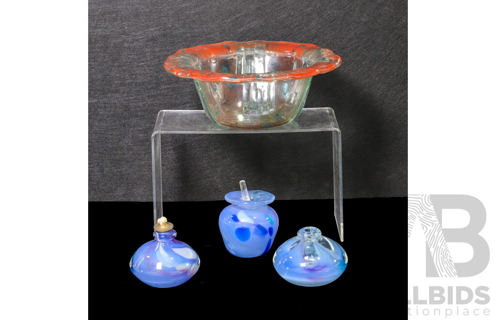 Signed Decorative Peter Crisp Fused Slump Glass Bowl, Small Vase and Glass Oil Lamps