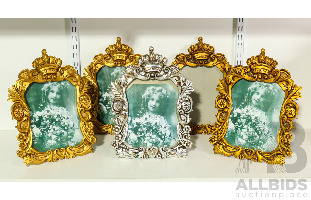 Four Gold Coloured Picture Frames and One Silver
