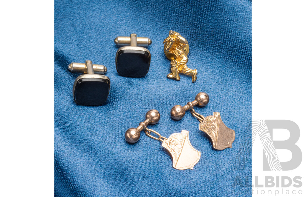 Collection of 9ct Gold & Gold Tone Cufflinks/Tie Pin & Dutch Metal Leaf - Lot of 4