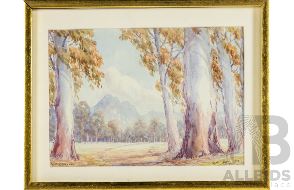 Herbert Clarke Simpson, (19/20th Centuries, Australian, 1879-1966), Glass House Mountains & Gums, Queensland (1953), Original Vintage Watercolour, 30H x 39W cm (frame)