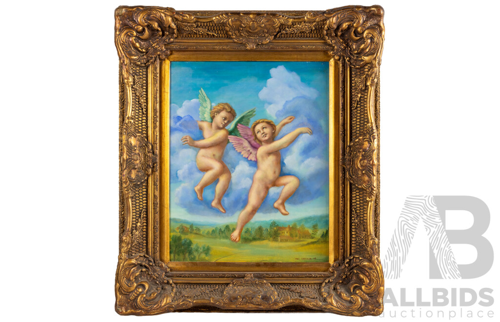 Ivan Seymour, (20th Century), Two Cherubs (Homage to Raphael) (1997), Original Oil on Canvas, 74H x 64W cm (frame)