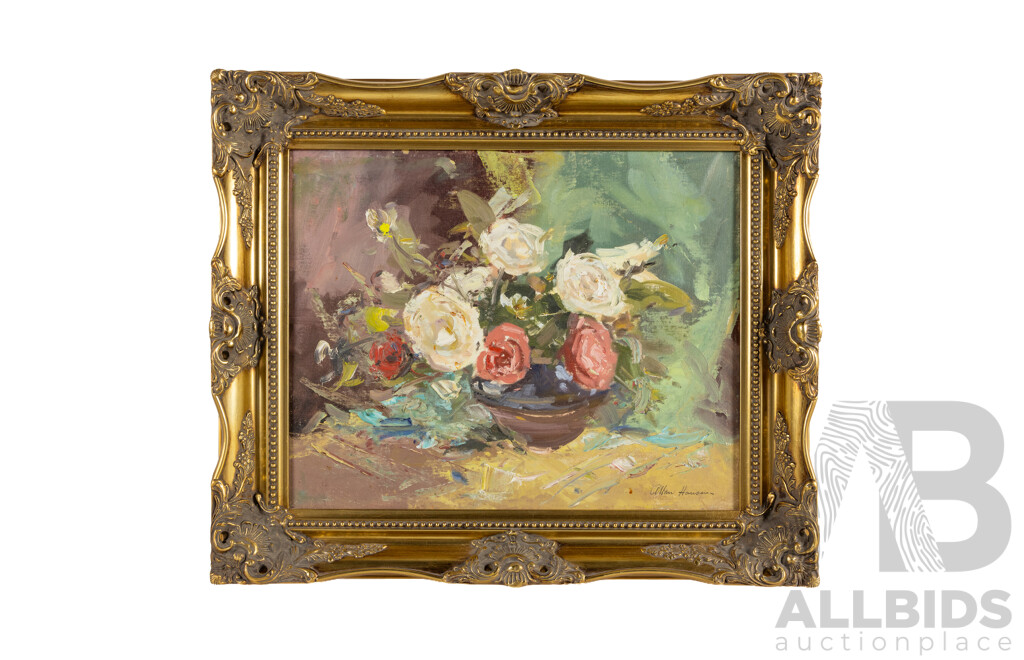 Allan Hansen (20th Century, Danish-Born Australian, 1911-2000), Camellias (1967), Original Vintage Oil on Canvas Board, 54H x 64W cm (frame)