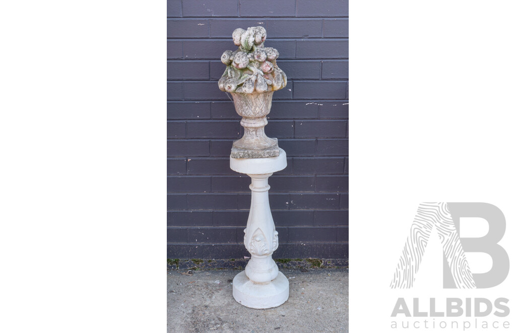 Concrete Garden Statue of Fruit in a Vase on a Concrete Pedestal