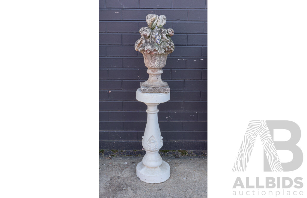 Concrete Garden Statue of Fruit in a Vase on a Concrete Pedestal