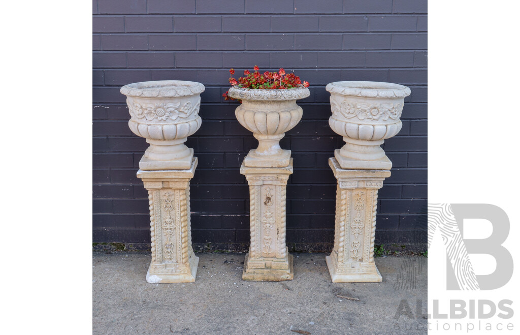 Set of Three Painted Concrete Pedestals and Pots