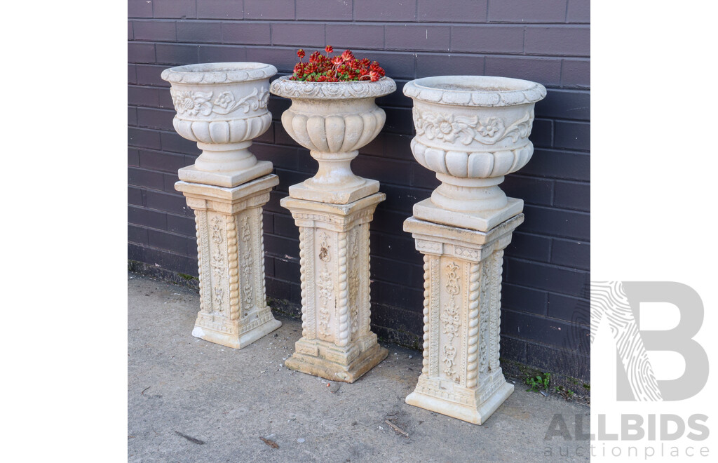 Set of Three Painted Concrete Pedestals and Pots